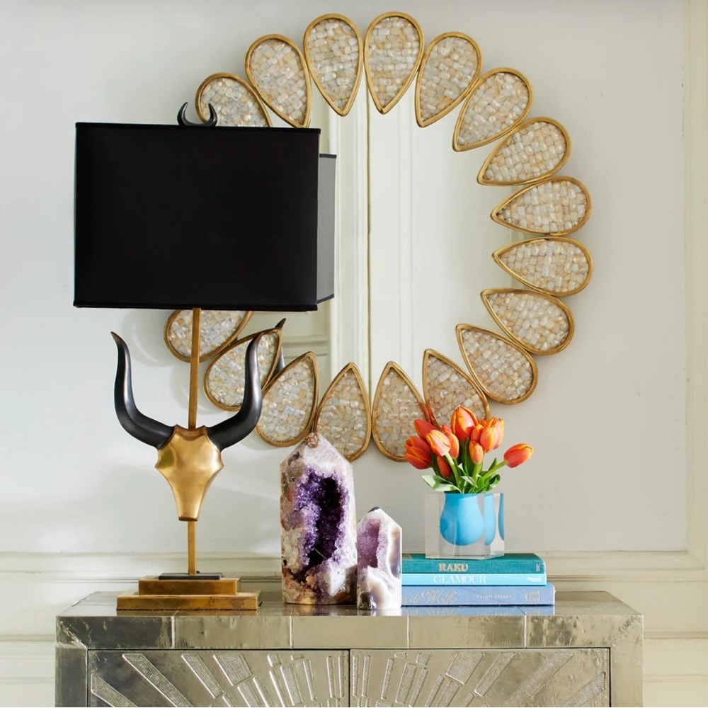 Jonathan Adler Mother-of-Pearl Petal&Brass Wall Accent Mirror. Stunner sale item - Picture 6 of 11
